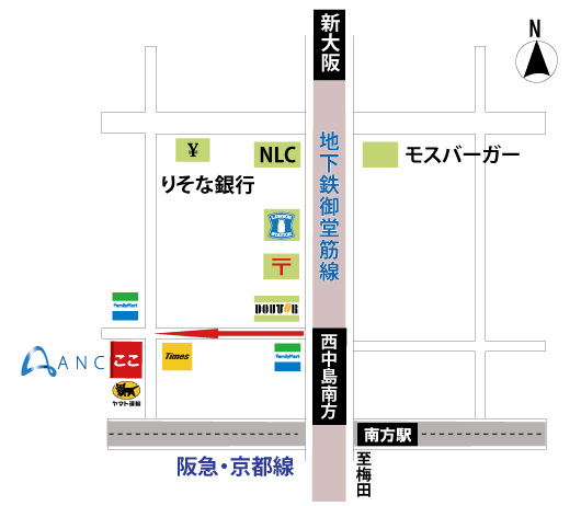大阪の西中島にある語学教室の地図